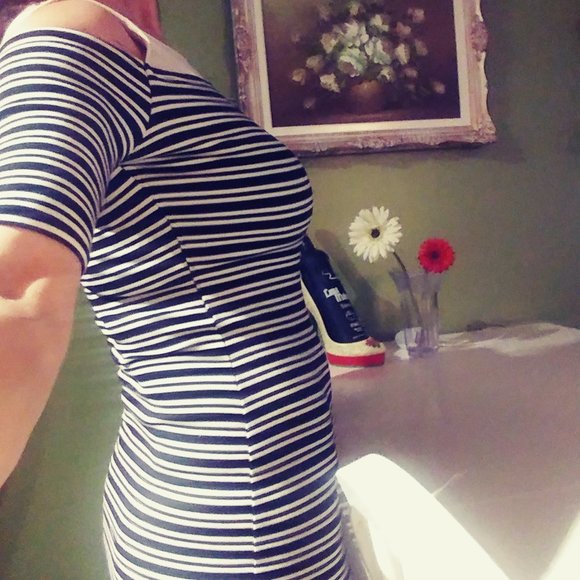 NWOT Sz L (Fits 8-10 safely) Striped long midi dress with shoulder cutouts - Picture 3 of 4